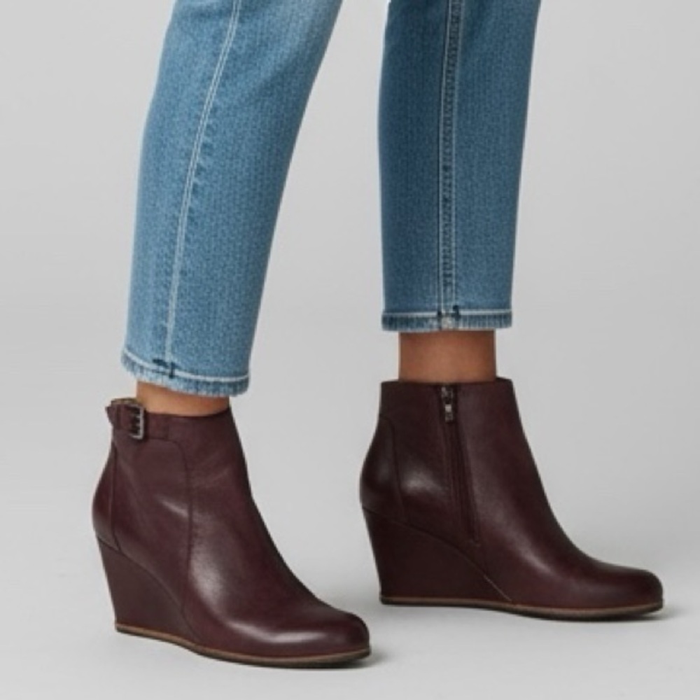 -Biala Alaina-Lea Boots Womens 38 Merot Burgundy Leather Ankle Wedge Quiet Luxur